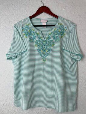 Alfred Dunner Women’s Aqua Striped Embroidered Top XL Beaded Floral Neckline 195